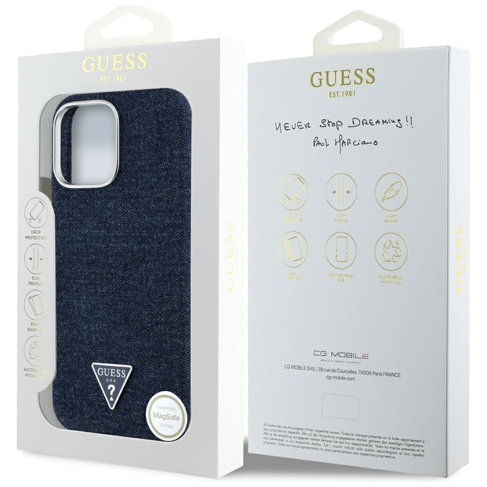 Etui Guess Denim Triangle Logo MagSafe do iPhone 16 Pro Max niebieski